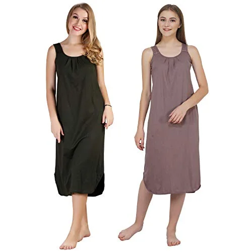 BLAZON Women's Cotton Hosiery Solid Maxi Nighty Slip (Pack of 2) Available Sizes: S, M, L, XL, 2XL, 3XL, 4XL, 5XL - Martini Olive, Brownish Grey