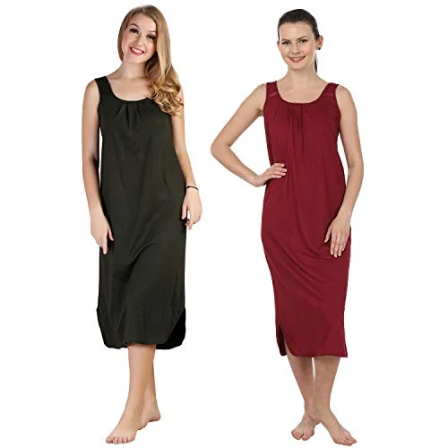 BLAZON Women's Cotton Hosiery Solid Maxi Nighty Slip (Pack of 2) Available Sizes: S, M, L, XL, 2XL, 3XL, 4XL, 5XL - Martini Olive, Maroon