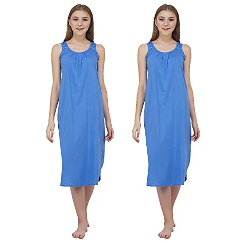 BLAZON Women's Cotton Hosiery Solid Maxi Nighty Slip (Pack of 2) Available Sizes: S, M, L, XL, 2XL, 3XL, 4XL, 5XL - Sapphire Blue, Smoky Grey